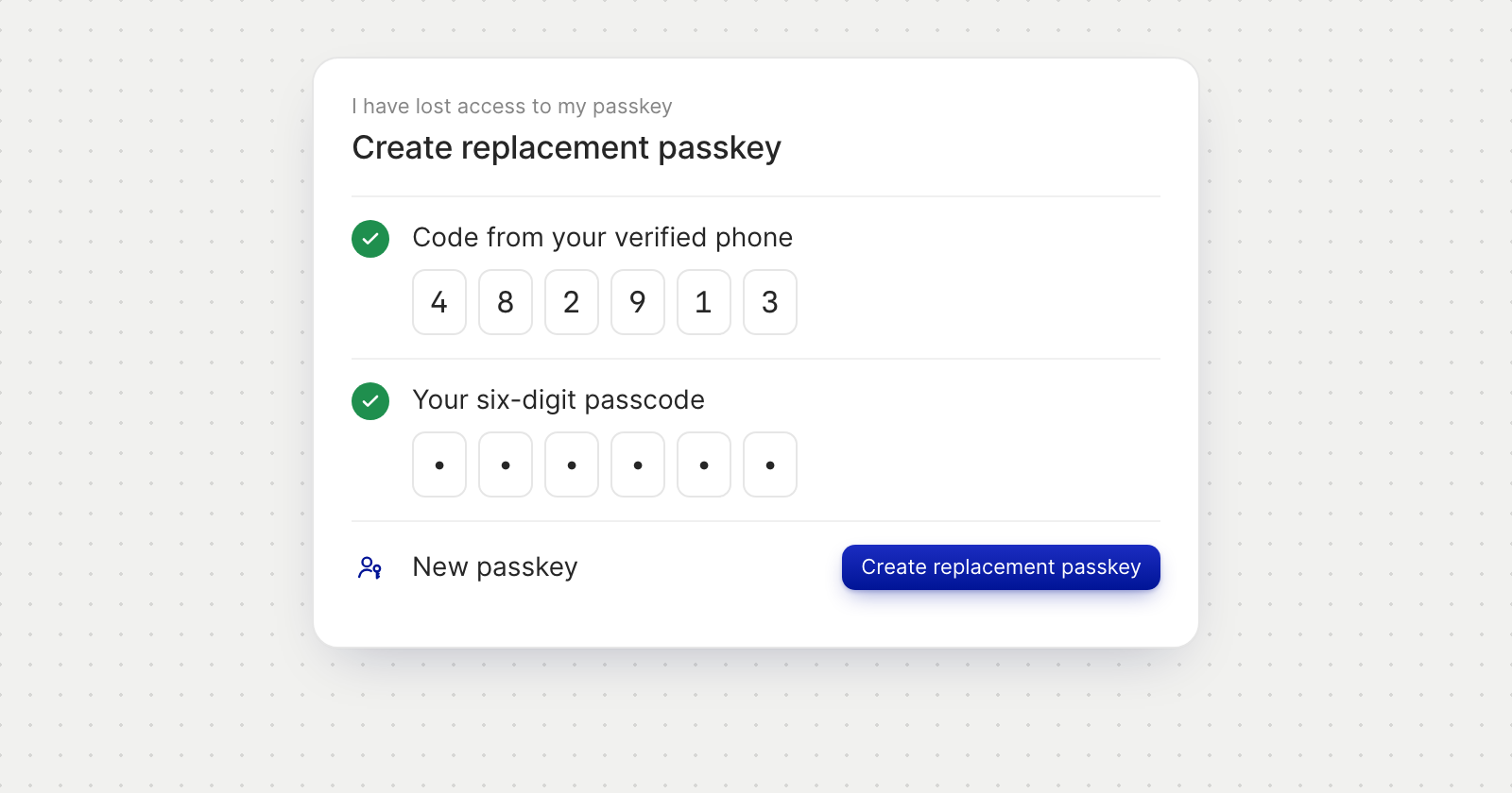 Creating a replacement passkey after entering a code from the verified phone and the six-digit passcode.