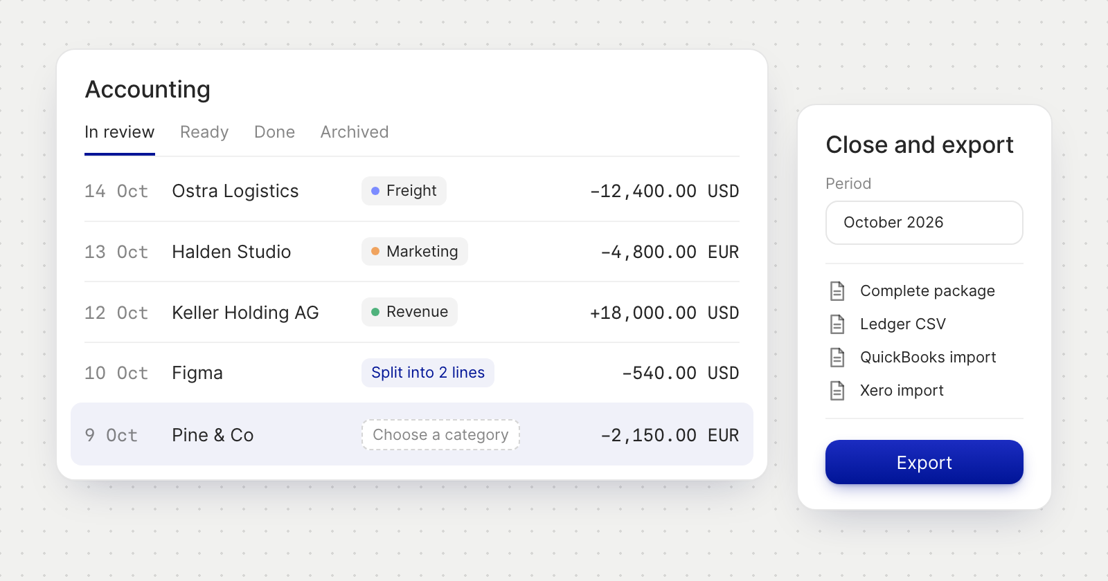 Accounting records In review with categories and a split record, beside Close and export with a complete package, a ledger CSV and QuickBooks and Xero imports.