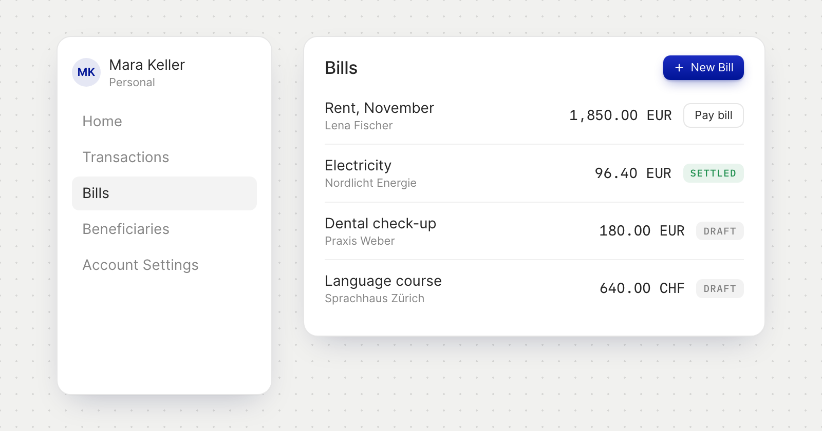 A personal account's menu with Bills and Beneficiaries, and a list of personal bills such as rent and electricity.