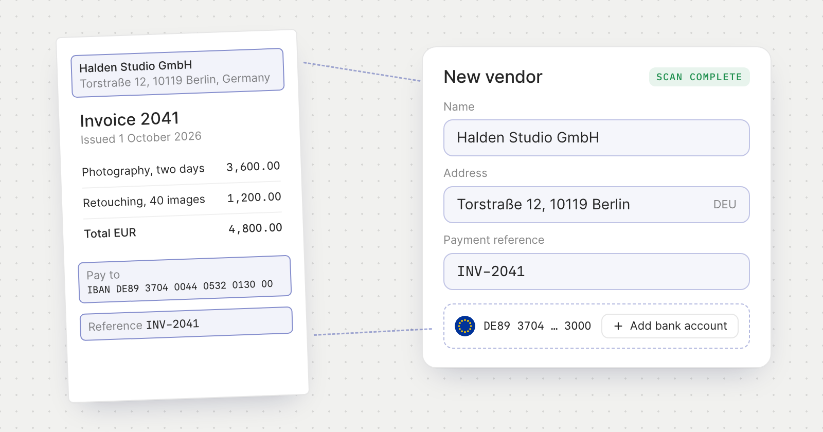 An invoice with its vendor address, IBAN and reference highlighted, and the New vendor form filled from them with an Add bank account button.