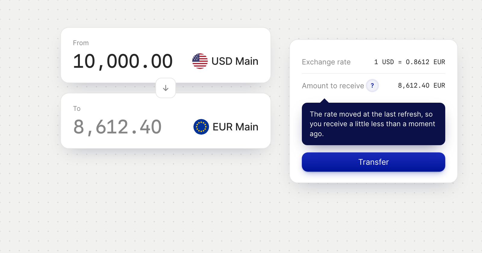 Internal Transfer from USD Main to EUR Main with the exchange rate, the amount to receive and a note explaining that the rate moved.