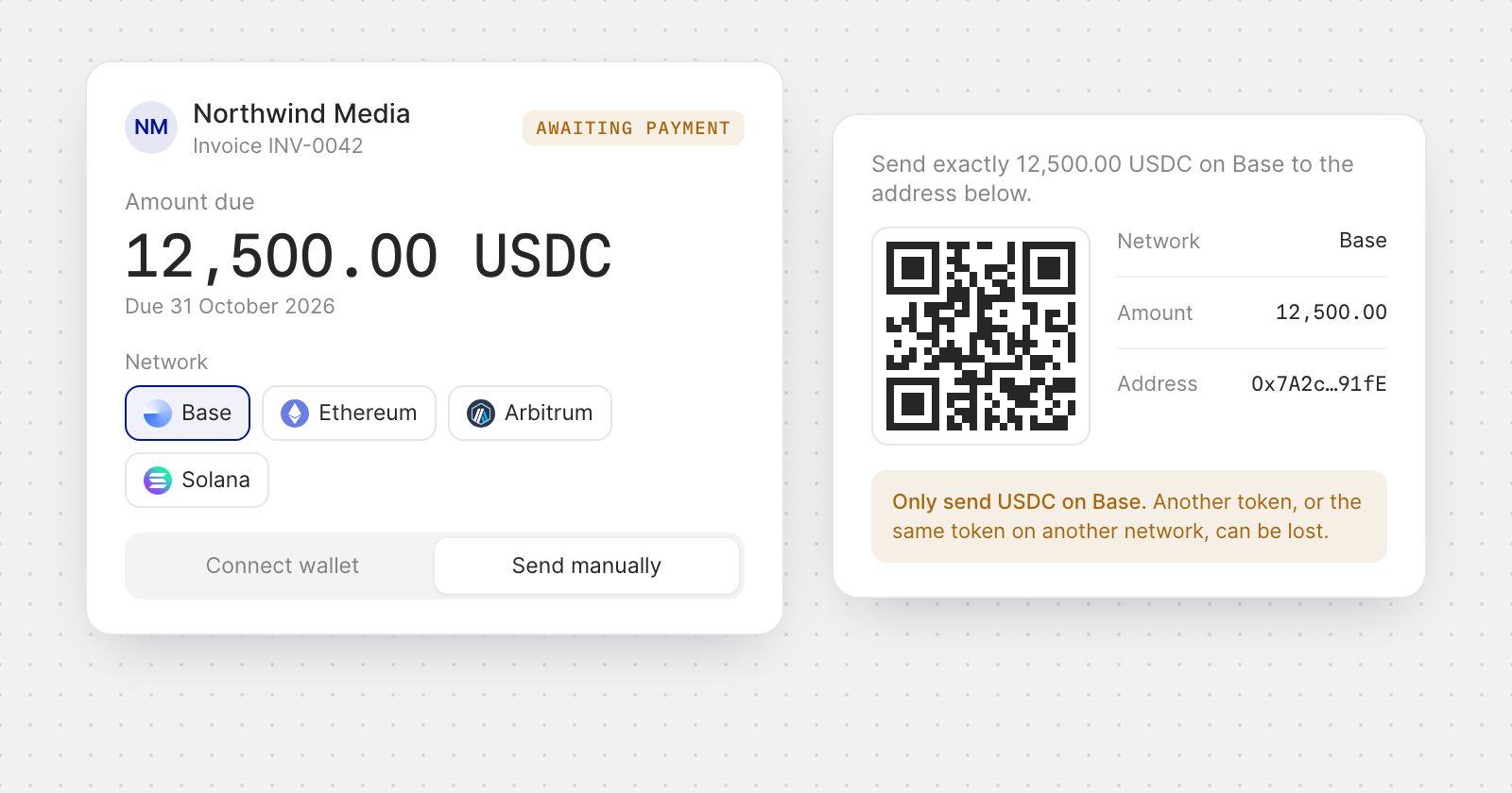 A payment page for invoice INV-0042 of 12,500.00 USDC, with a choice of network, Connect wallet or Send manually, and a QR code with the address.