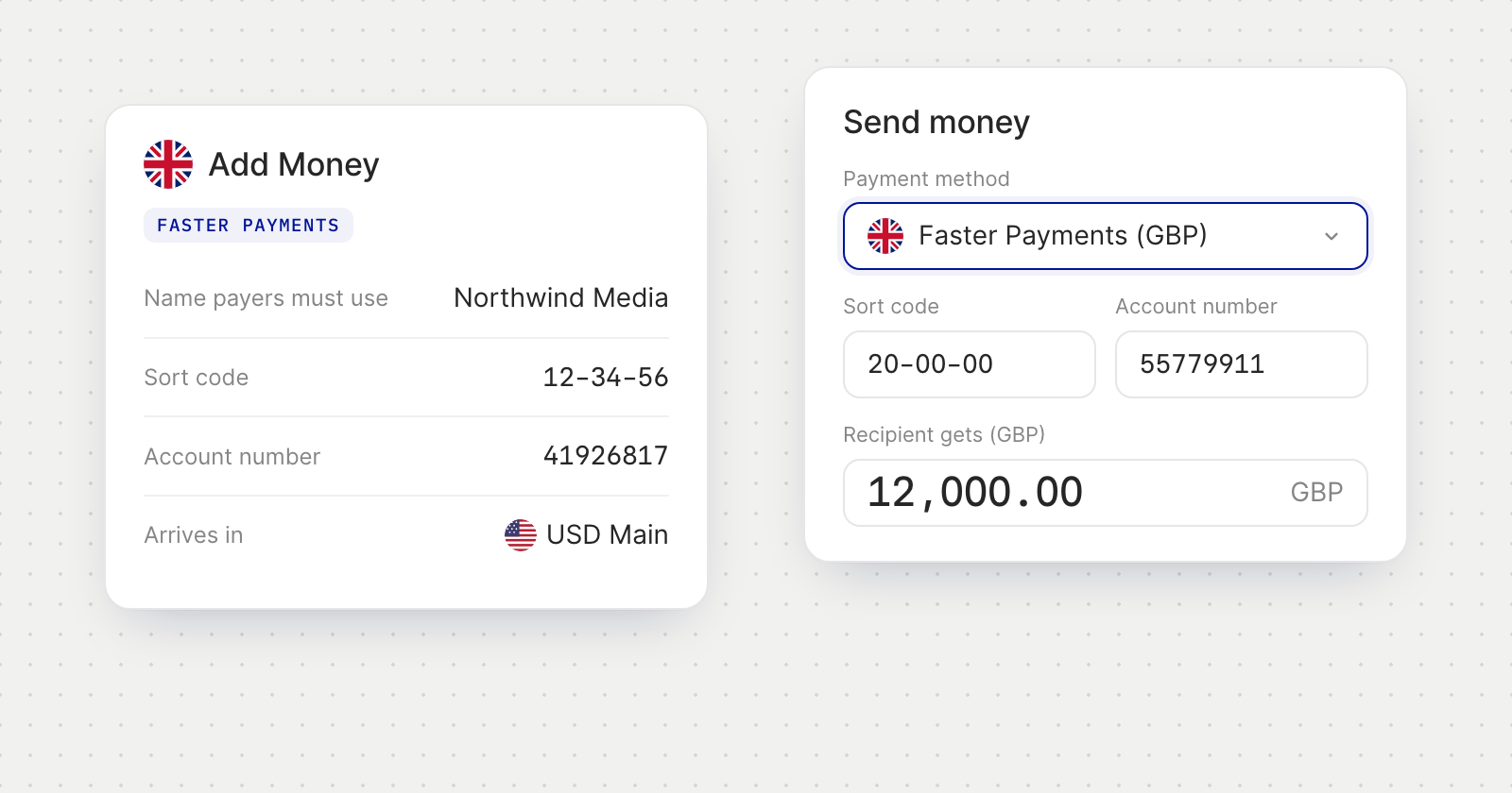 Add Money details for Faster Payments with a sort code and account number, beside Send money set to Faster Payments (GBP).