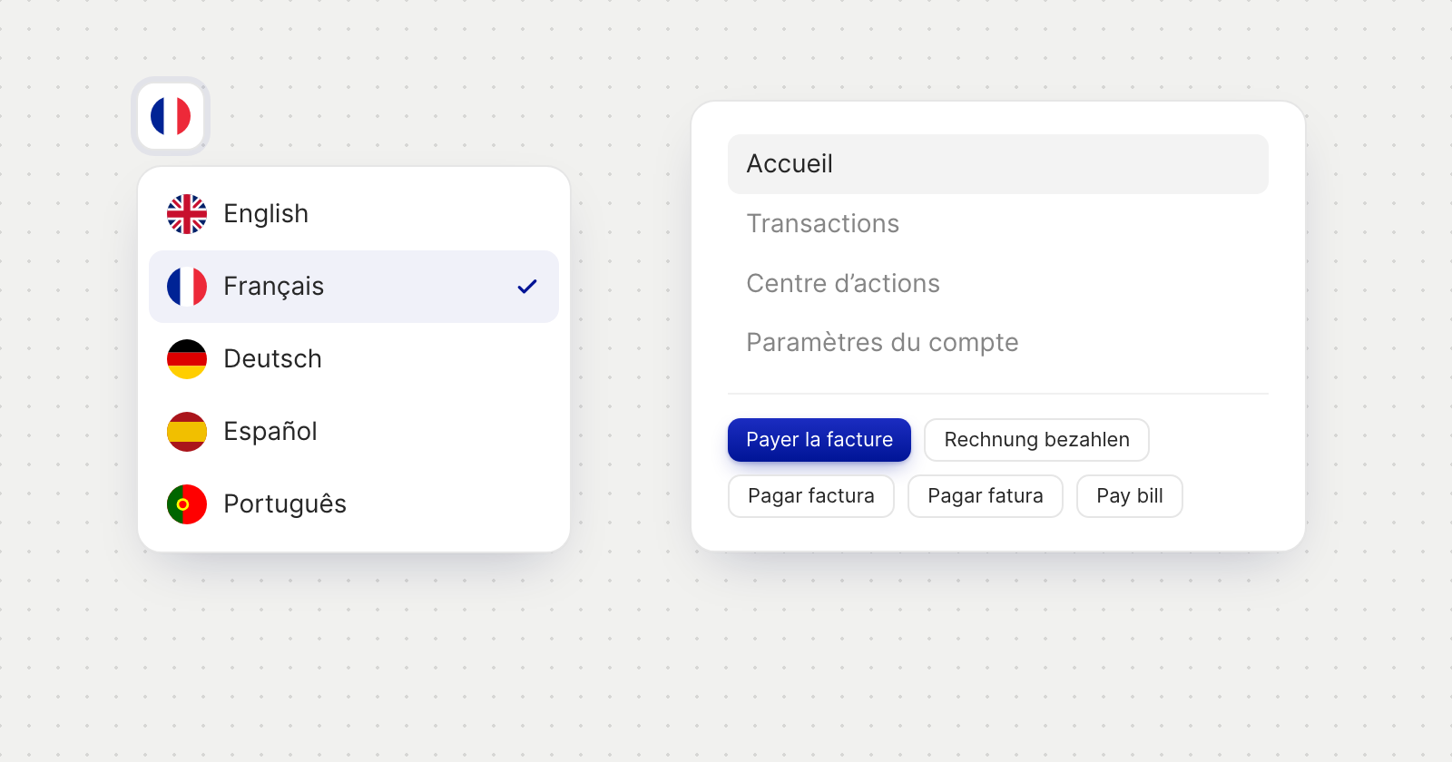 The language list with English, Français, Deutsch, Español and Português, beside the menu in French and the Pay bill button in five languages.