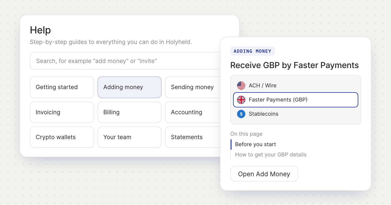 Help in the app: a search field, the guide's sections, and an article with an Open Add Money button.