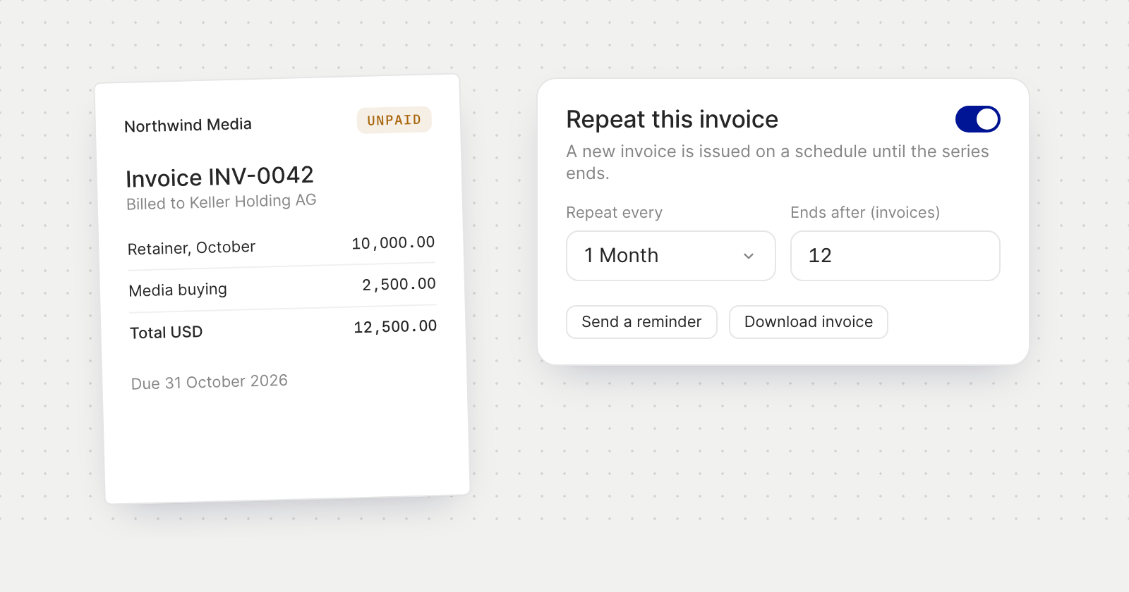 Invoice INV-0042 for 12,500.00 USD, beside Repeat this invoice set to every month for 12 invoices.