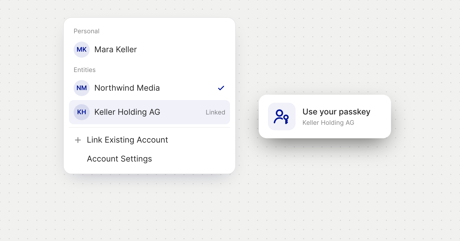 The account menu with a personal login, Northwind Media and a linked Keller Holding AG, and a passkey prompt to switch to it.