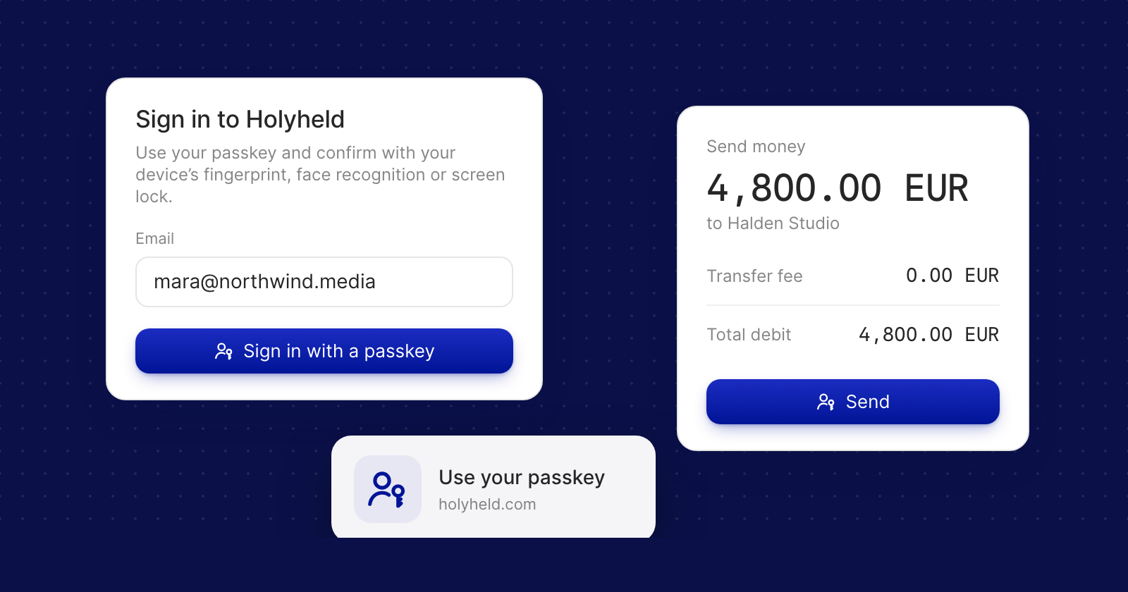 Sign in to Holyheld with Continue with passkey, a passkey prompt, and a 4,800.00 EUR payment sent with a passkey.