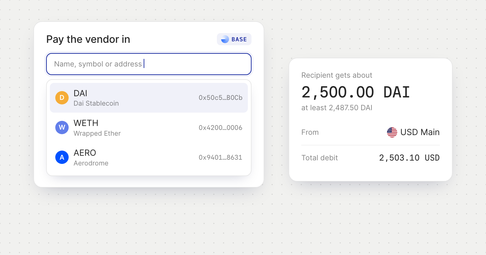 Pay the vendor in, listing DAI, WETH and AERO on Base, beside a quote of about 2,500.00 DAI, at least 2,487.50 DAI, paid from USD Main.