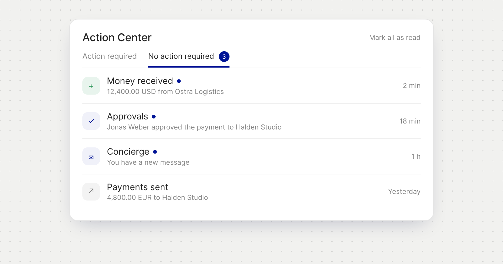 Action Center on No action required, with notifications for money received, an approval, a Concierge message and a payment sent.