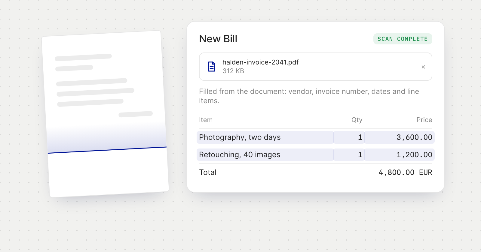 A scanned invoice beside the New Bill form after Scan complete, with its line items filled from the document.