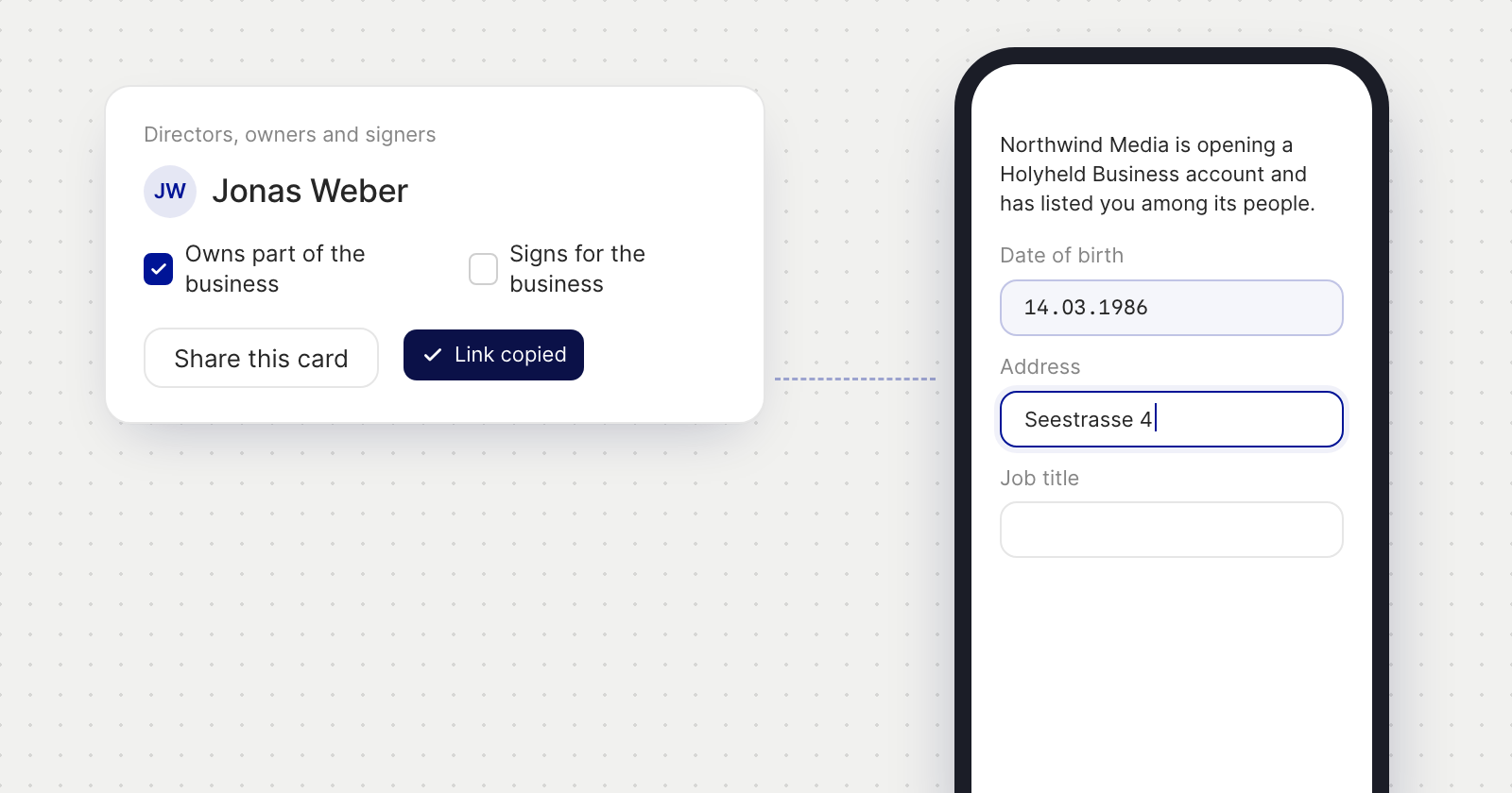 A person card with Share this card and Link copied, and the shared page open on a phone with details being filled in.