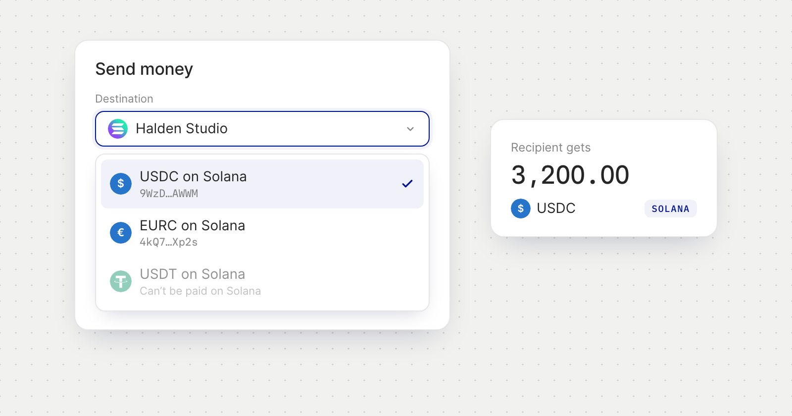 Send money to a vendor's Solana wallets: USDC and EURC can be chosen, USDT on Solana can't, and the recipient gets 3,200.00 USDC.